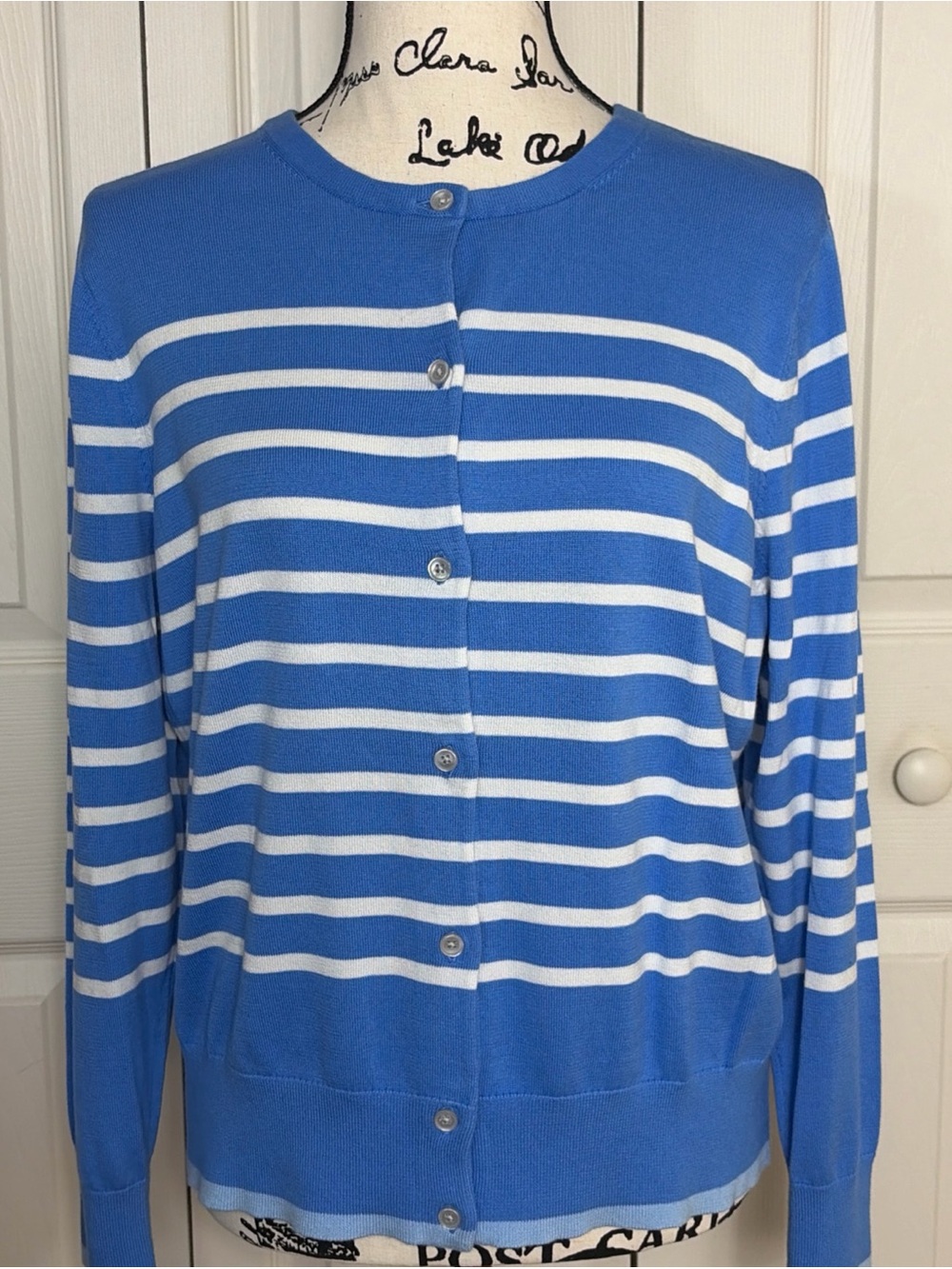 Lands' End Womenβs Blue With White Stripes Long Sleeve Cardigan Size PXL EUC